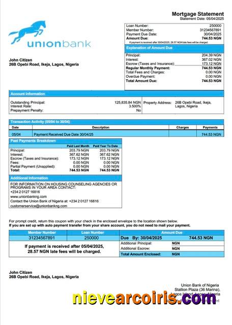 Nigeria Union Bank of Nigeria mortgage statement Word and PDF template